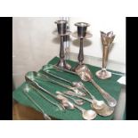 A silver posy vase, sugar tongs etc.