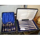 A cased set of silver teaspoons etc.