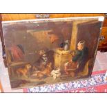 An antique oil on canvas of interior scene with do