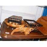 An antique porcupine quill box, two handled tray etc.