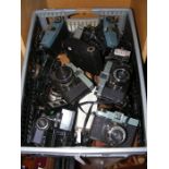 A box of assorted vintage cameras