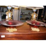 A pair of cranberry glass bowls on gilt metal stan