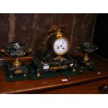 A French marble and gilt brass clock garniture, th