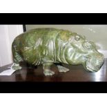 A 22cm long malachite? hippopotamus, with signatur