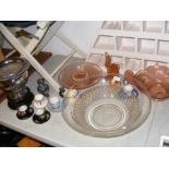 A selection of Art Deco 'depression' glass, various dressing table items, silver plated urn, etc.