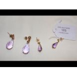 Two pairs of gold and amethyst drop earrings