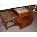 A mahogany wall cabinet, together with two stools