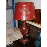 A Chinese style toleware table lamp with matching