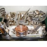 A tray of miscellaneous plated ware etc.