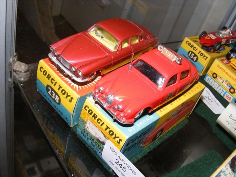 Two boxed Corgi Jaguar cars, 2.4 Fire Service car