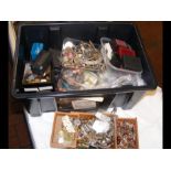 A box of costume jewellery including wrist watches