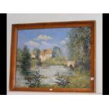 An oil on board of country bridge and lake scene -