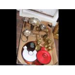Assorted metal ware including two enamel candle ho