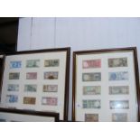 A selection of old World bank notes, framed and gl
