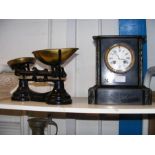 A Victorian two train slate mantel clock, together