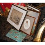 Assorted pictures and antique engravings together