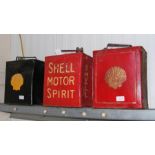 Three vintage petrol cans including Shell