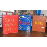 Three vintage petrol cans including Shell and Esso