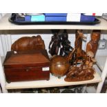 A carved wooden elephant, tea caddy etc.