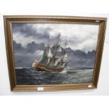 PETER LEATH - oil on canvas of three masted Naval