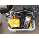 A box of electric testing tools, tripod etc.