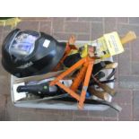 A Clarke welders mask together with a box of tools