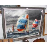 PETER LEATH - oil on canvas of yachts rounding The