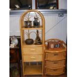 A bamboo and rattan three drawer chest together wi