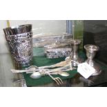 A silver cigarette box, beaker etc.