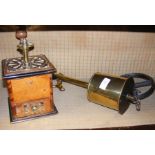 An antique brass bound coffee grinder, together wi