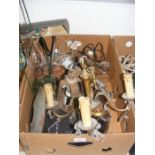A box of light fixtures and fittings, including bl