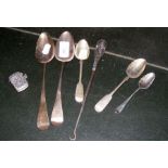 Silver serving spoons, vesta case