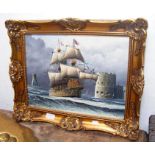 PETER LEATH - oil in canvas of two masted naval ship 'Mary Rose' - 30cm x 40cm