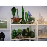 Green and other coloured glass - on two shelves