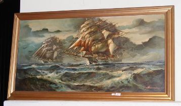 HERMANN CONRAD - A large oil on canvas of ships in stormy seas, signed bottom right