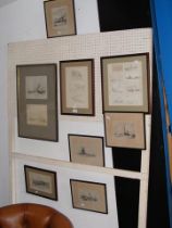 A selection of antique pencil sketches and etching