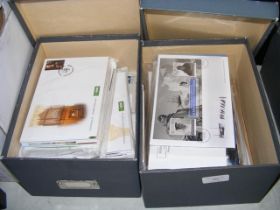 Two boxes containing First Day Covers and stamp bo