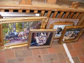 Assorted pictures (horses and dog) in gilt and silvered frames by local Isle of Wight artist