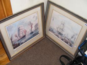 Two coloured prints of tall ships - framed and gla