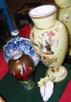 A Victorian glass vase, Delft style moon vase etc.