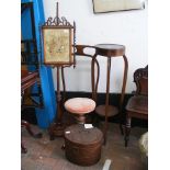 A Victorian pole screen, piano stool, plant stand,