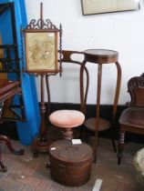 A Victorian pole screen, piano stool, plant stand,