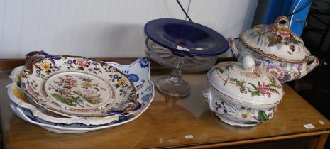 An antique ceramic tureen and cover, blue and whit