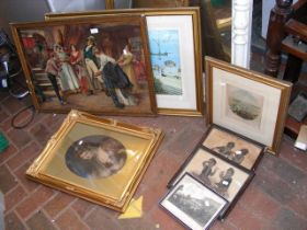 A selection of antique engravings, pictures, gilt
