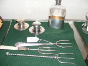 A silver Capstan, inkwells, hipflask etc.