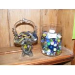 A jar of glass marbles and a Murano glass basket v