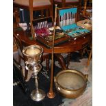 A brass jardiniere, silver plated champagne ice bucket