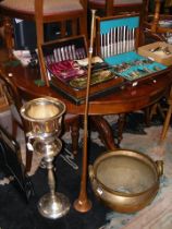 A brass jardiniere, silver plated champagne ice bucket