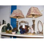 A pair of table lamps, copper kettle, collectable glass