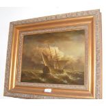 A modern oil of three masted ship in rough seas, s